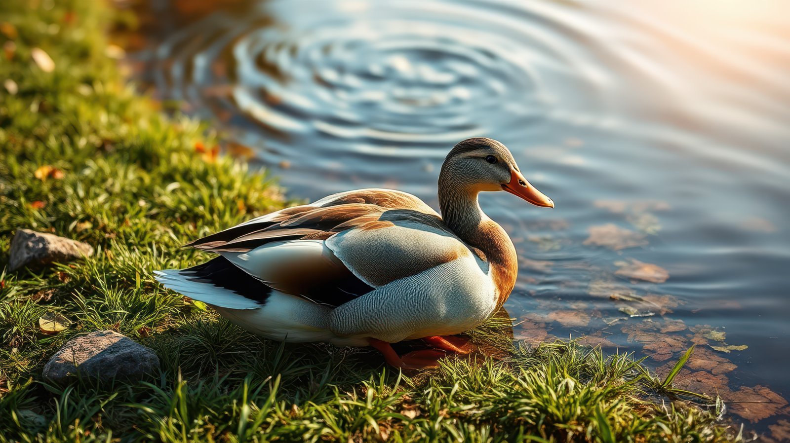 Male duck rests by the lakeside as ripples form in the water during sunrise in a serene natural setting